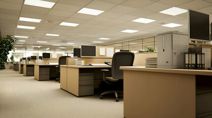 Modern Beige Office Workspace with Rows of Cubicles and Computers