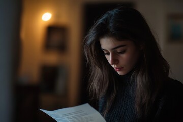 Woman Reading Document Indoors - A young woman with long dark hair sits indoors, thoughtfully reviewing a document. The conveys introspection, contemplation, focus, decision-making