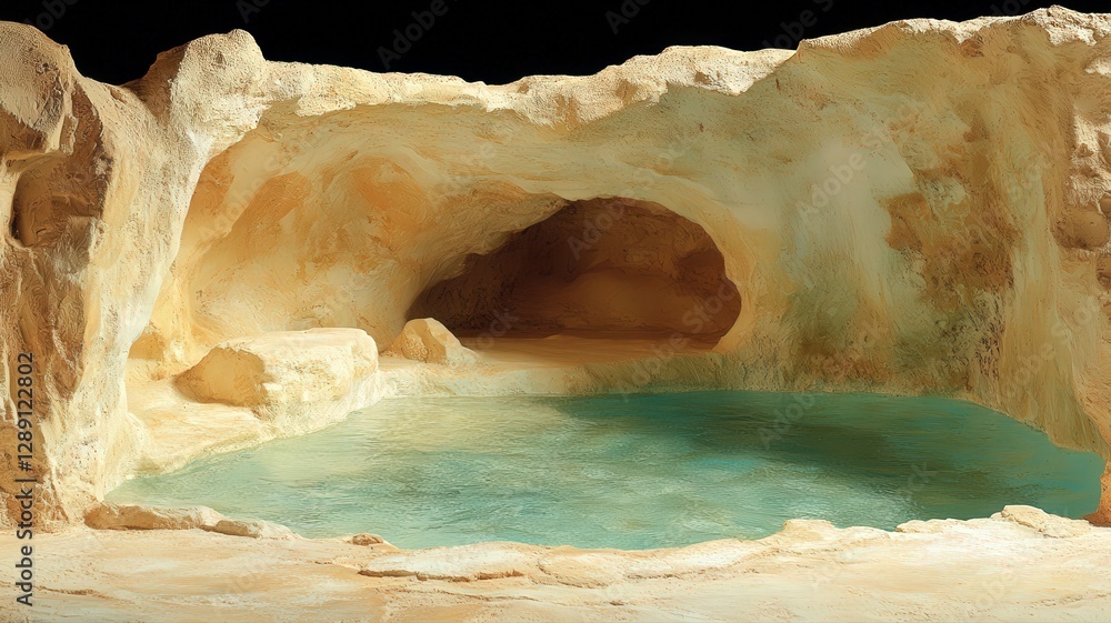 Poster a serene teal pool nestled within a sandy cave, illuminated by soft light. the cave walls are textur