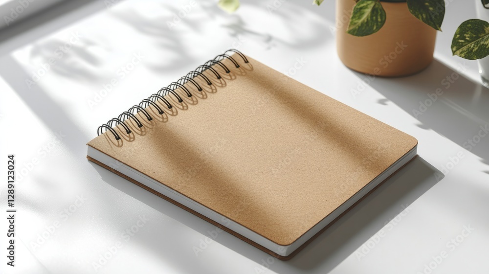 Poster modern kraft brown spiral-bound notebook with sharp edges on a clean white surface