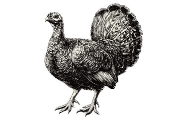 Old engraving style turkey illustration, black sketch effect bird art, trendy wildlife print, white background, vintage bird design.