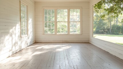 Fototapeta premium Sunny porch, white house, green yard, peaceful scene