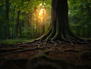 Fototapeta premium Ancient tree with massive roots intertwining in a mystical forest, nature s resilience