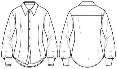 Women's bishop long sleeve Shirt Blouse flat sketch fashion illustration drawing front and back view, formal slim fit shirt blouse with collar for girls and ladies template mock up