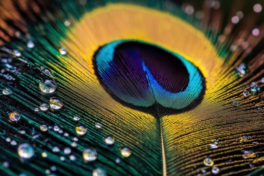 vibrant peacock feather macro photography with prismatic colors dewdrops catching light extreme detail on barbs and eye pattern - Powered by Adobe