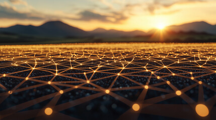 Golden wheat field, overlay of digital network lines, futuristic agriculture blending with nature. Advanced data farming.