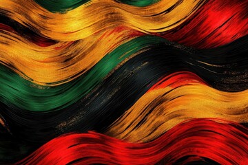 vibrant panafrican unity celebration banner with woven kente cloth patterns flowing ribbons in red gold green and black dynamic brush strokes cultural symbols modern digital art style