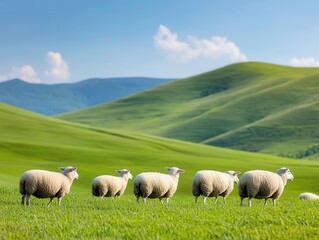 Naklejka premium Rolling green hills dotted with grazing sheep under a bright blue sky, peaceful rural life