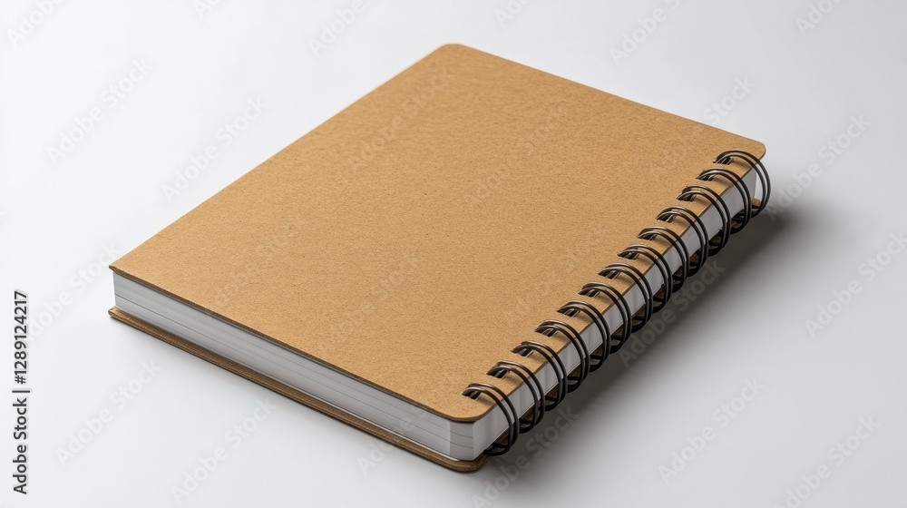 Poster modern kraft brown spiral-bound notebook with sharp edges on a clean white surface
