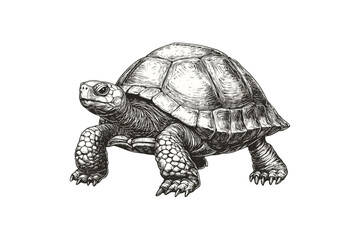 Old engraving style hand-drawn turtle, vintage art, trendy illustration, animal print, black sketch effect, white background, sea life art, wildlife drawing