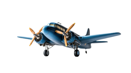 Small blue airplane flying through the air against a clear blue sky with white clouds in the background isolated on transparent background..