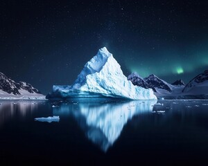 Majestic Arctic icebergs glowing under the northern lights, pristine wilderness beauty