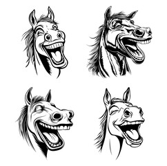 Set of four humorous horse head illustrations with exaggerated laughing expressions.