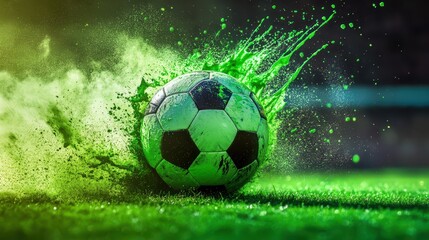 Naklejka premium A dynamic soccer ball striking the ground, sending up vibrant green splashes, creating an energetic and lively scene.