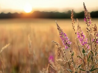 Obraz premium Golden fireweed fields growing in an abandoned wild landscape, resilience of nature