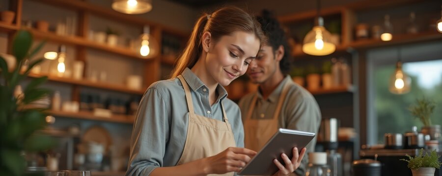 Smiling barista in apron using tablet computer in modern cafe. Managing online orders. In background another employee. Small business. Digital solutions help streamline operations. Woman looks at
