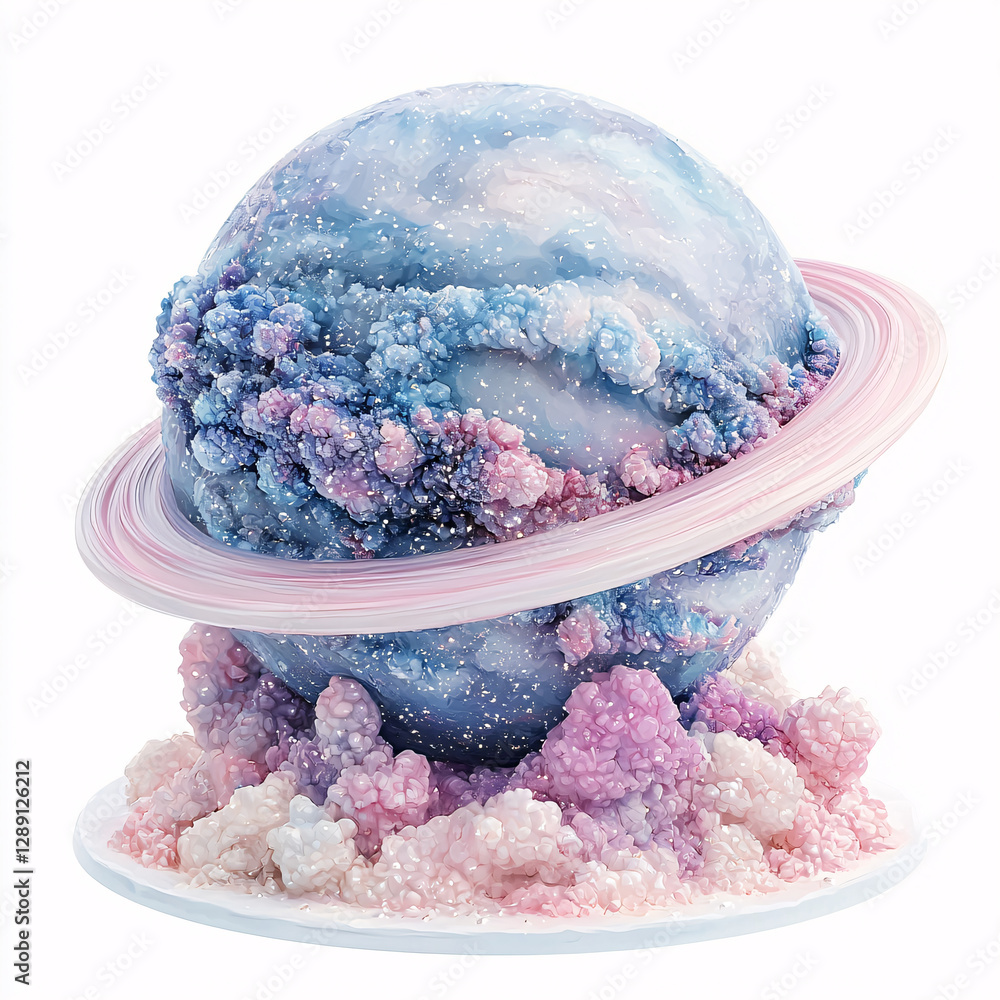 Poster colorful planet with rings and cloud-like structures depicted in a stylized form.