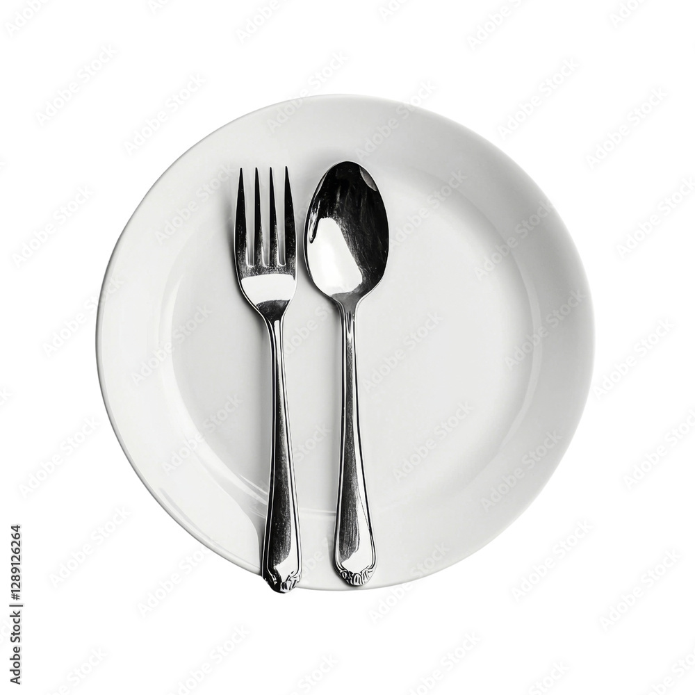 Poster white plate with fork and spoon placed neatly on it, perfect for dining. this simple yet elegant set