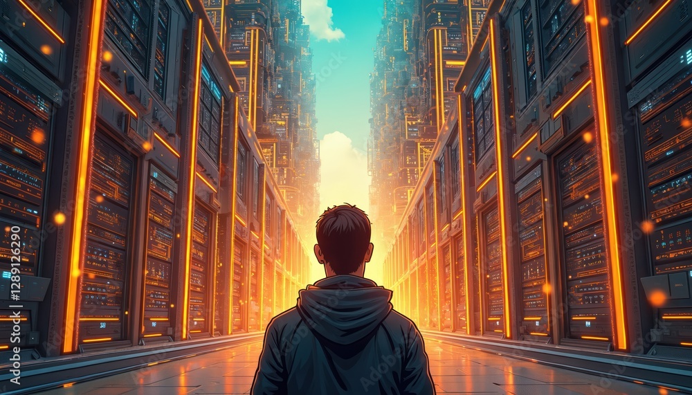 Aufkleber rear view of man stands in big data center server room with futuristic design. digital cyberspace, i