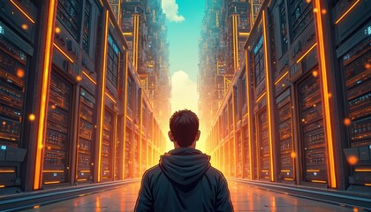 Rear view of man stands in big data center server room with futuristic design. Digital cyberspace, IT tech, cloud data storage, information analyzing services. Innovative technologies.