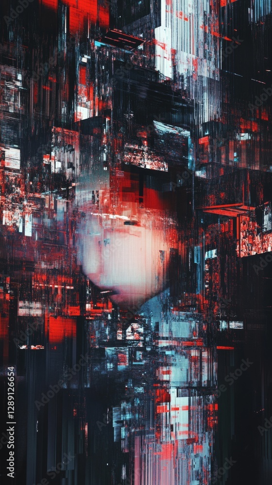 Poster abstract digital art with red and black geometric patterns, glitch effect and fragmented human face.