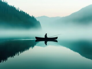 Lone fisherman on a peaceful lake at dawn, harmony between humans and nature