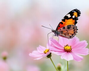 Closeup of a butterfly resting on a blooming wildflower, delicate nature moment