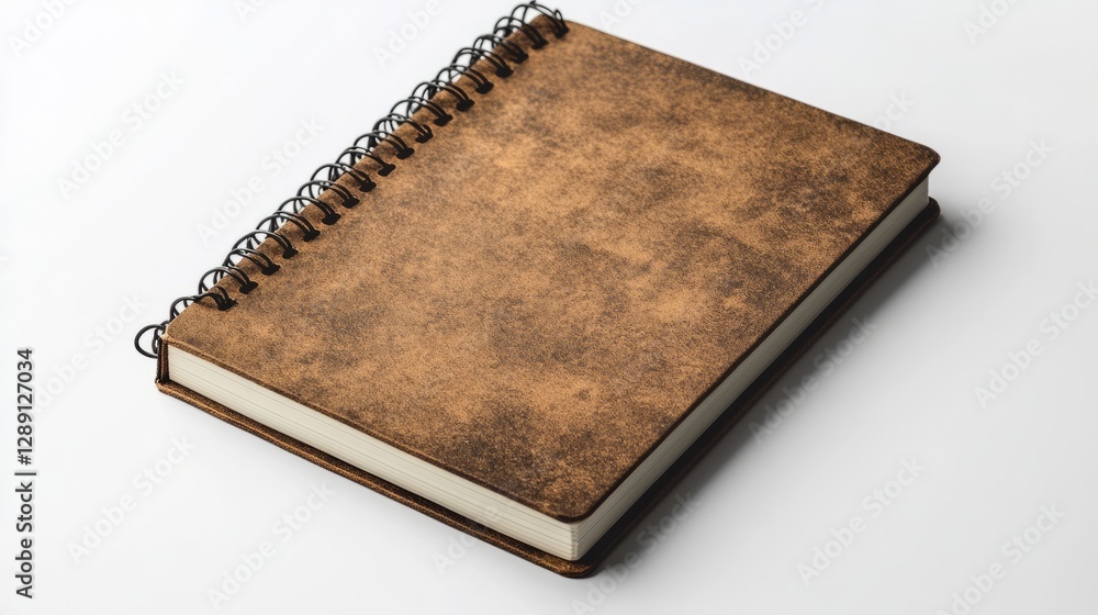 Poster rustic textured brown spiral-bound notebook positioned on a smooth white surface