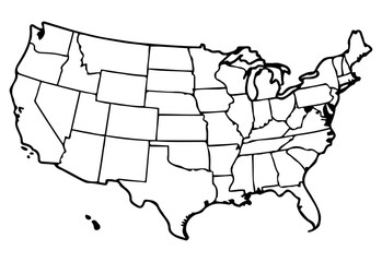 Black outline vector map of the United States showing all 50 states with clear borders, no labels included.