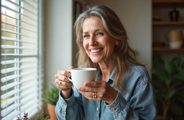 Middle-aged woman smiles drinking coffee near window. Brunette female in denim shirt holds mug, relaxing at home. Mature lady enjoys hot beverage looking thoughtfully. Comfort and wellness concept.