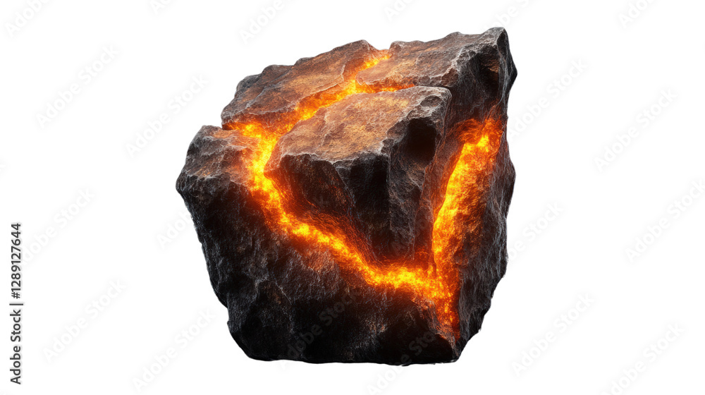 Poster Rock with fire burning on top creating a warm glow against a dark background in nature setting isolated on transparent background..