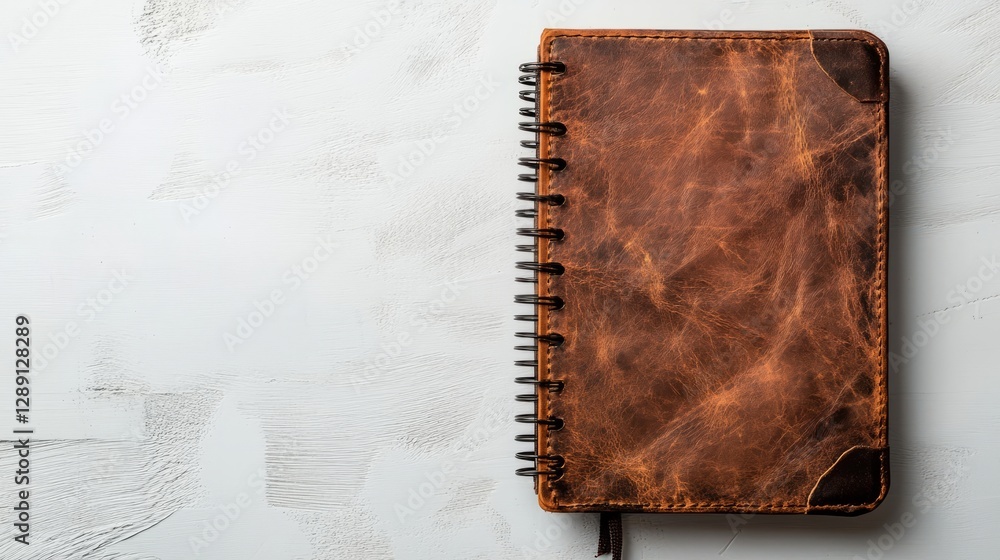 Poster rustic textured brown spiral-bound notebook positioned on a smooth white surface