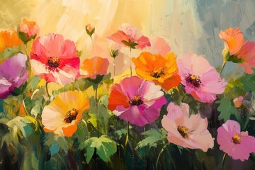 vivid blossoms bursting in a sunlit garden bold pinks oranges and yellows soft green leaves swaying golden rays spilling over a joyful springtime revelry