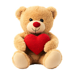 Obraz premium A cute brown teddy bear holding a heart isolated on a white background.