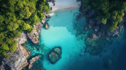 Obraz premium A top-down shot of serene waters meeting the coast in the south of Thailand, showcasing beaches and lush tropical landscapes.