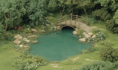 Serene landscape featuring a small, turquoise pond nestled within lush greenery, spanned by a rustic wooden footbridge