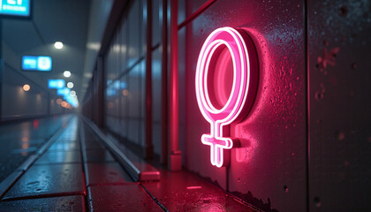  Pink neon female gender symbol glowing in a rainy alley.

