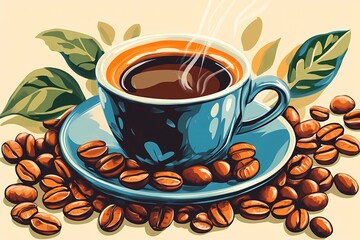 Close-up of roasted coffee beans with deep texture, highlighting freshness and quality, ideal for coffee packaging or advertising, comic book illustration style