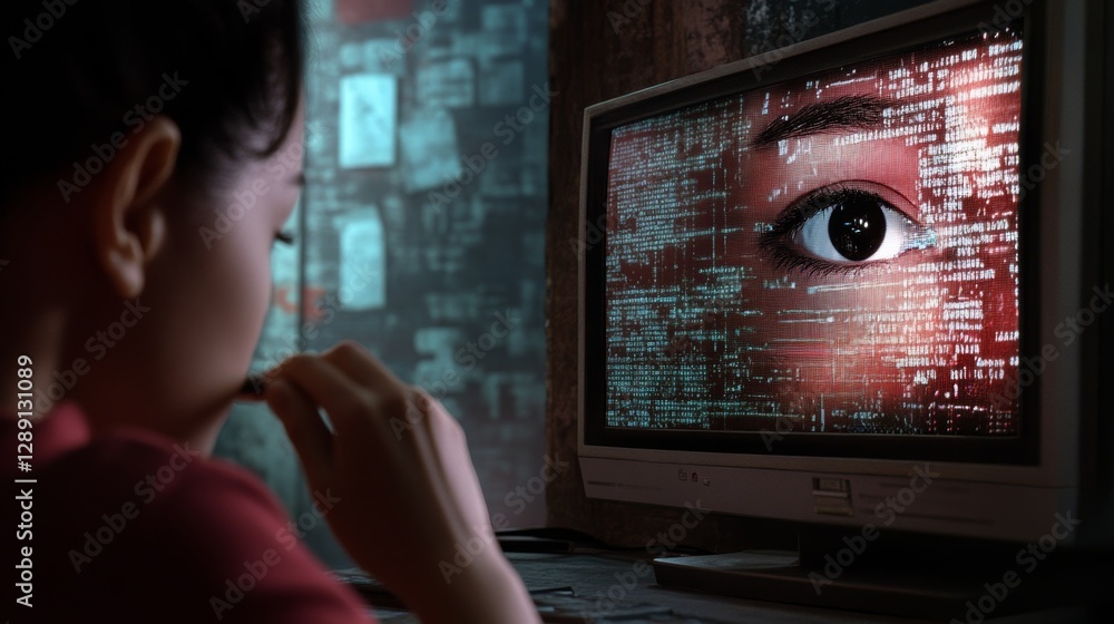 Poster navigating chaos in a digital realm with an eye on the screen while pondering the complexities of te
