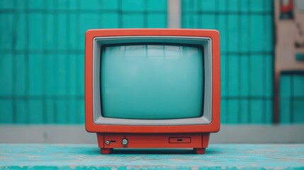 A vintage red television set with a turquoise screen, placed against a bright turquoise background,...