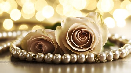 Elegant Arrangement of Soft Pink Roses Surrounded by Pearls and a Blurry Golden Background