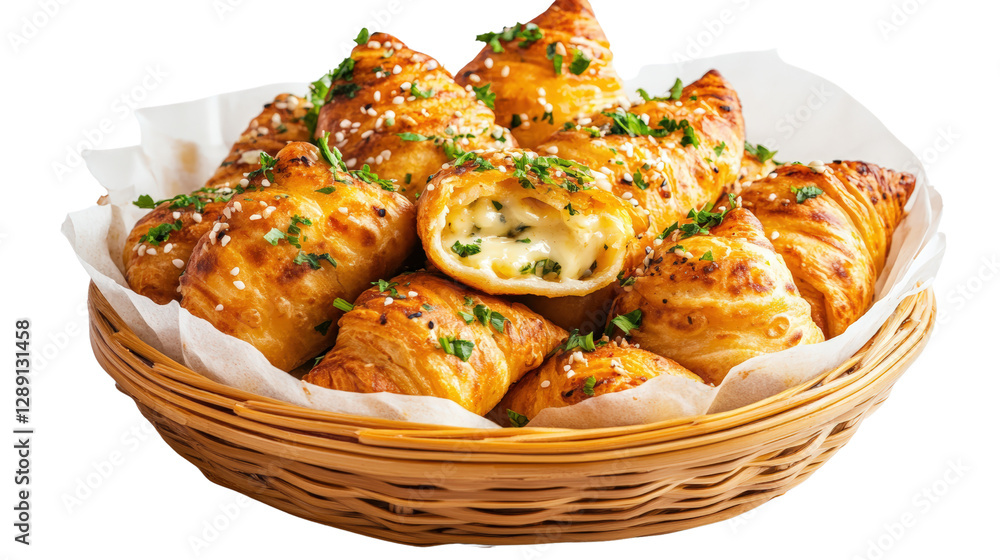 Poster basket of assorted food items including fresh bread and vegetables on a wooden table isolated on tra