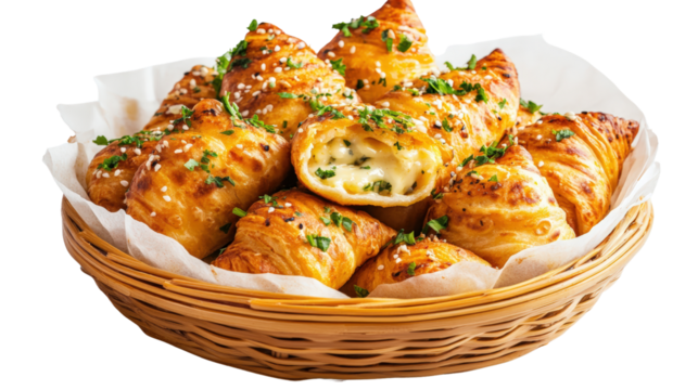 Basket of assorted food items including fresh bread and vegetables on a wooden table isolated on transparent background..