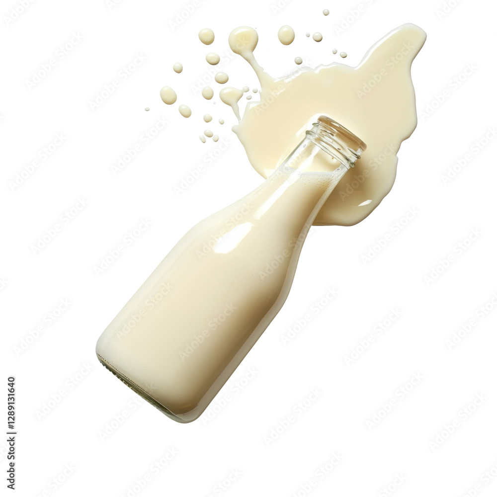 Poster fresh milk spills from glass bottle, creating dynamic splash effect. creamy liquid contrasts against