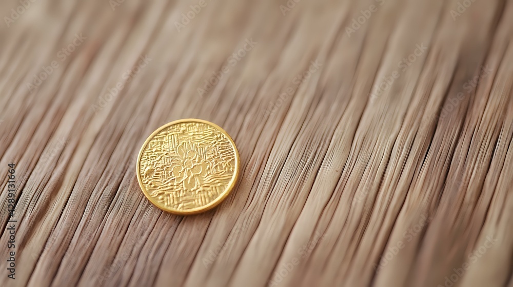 Poster golden ancient coin on wooden surface with diagonal lines pattern, shallow depth of field creates so