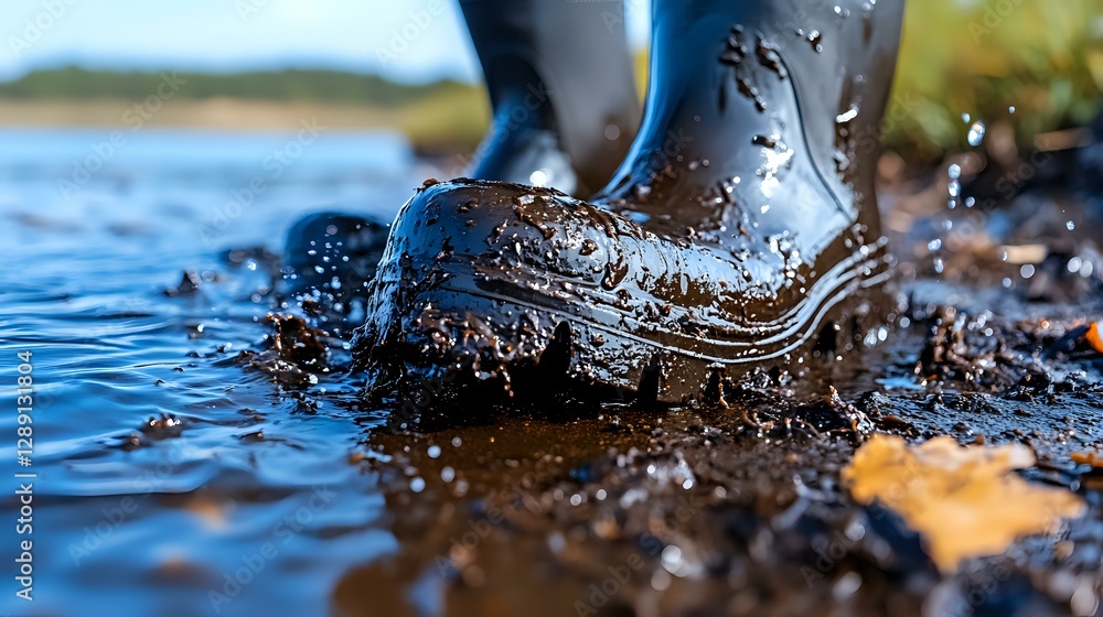 Aufkleber rubber boot splashing in puddle with autumn leaves, creating dynamic water drops and ripples against