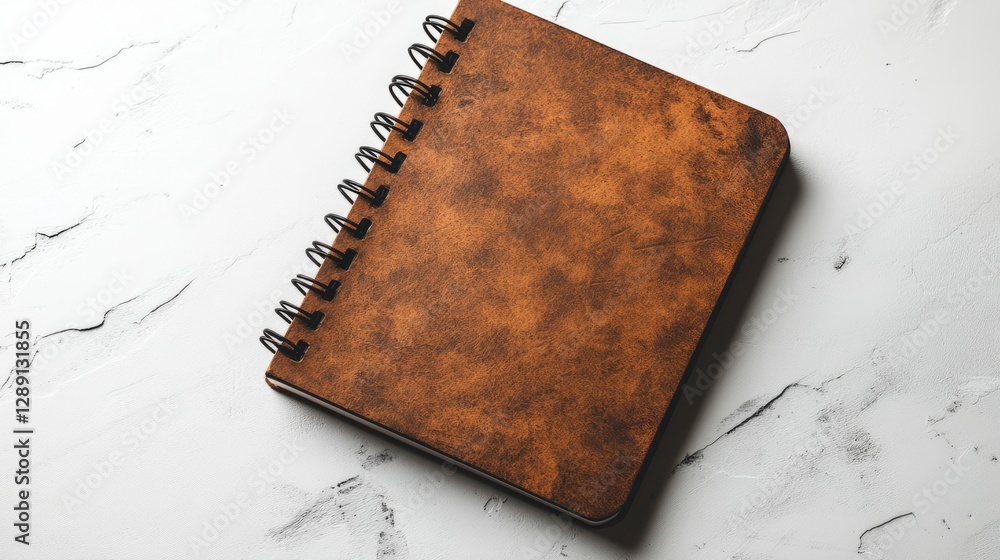 Poster rustic textured brown spiral-bound notebook positioned on a smooth white surface