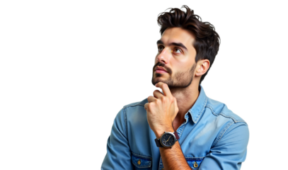 Portrait of a contemplative young man thinking and looking up, hand on chin, isolated on transparent background. Ideal for business, lifestyle, and educational content.