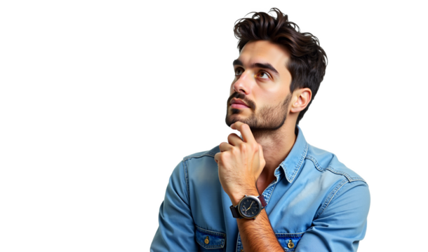 Portrait of a contemplative young man thinking and looking up, hand on chin, isolated on transparent background. Ideal for business, lifestyle, and educational content.