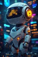 Fototapeta premium Futuristic robotic character with glowing interface in a neon cityscape setting